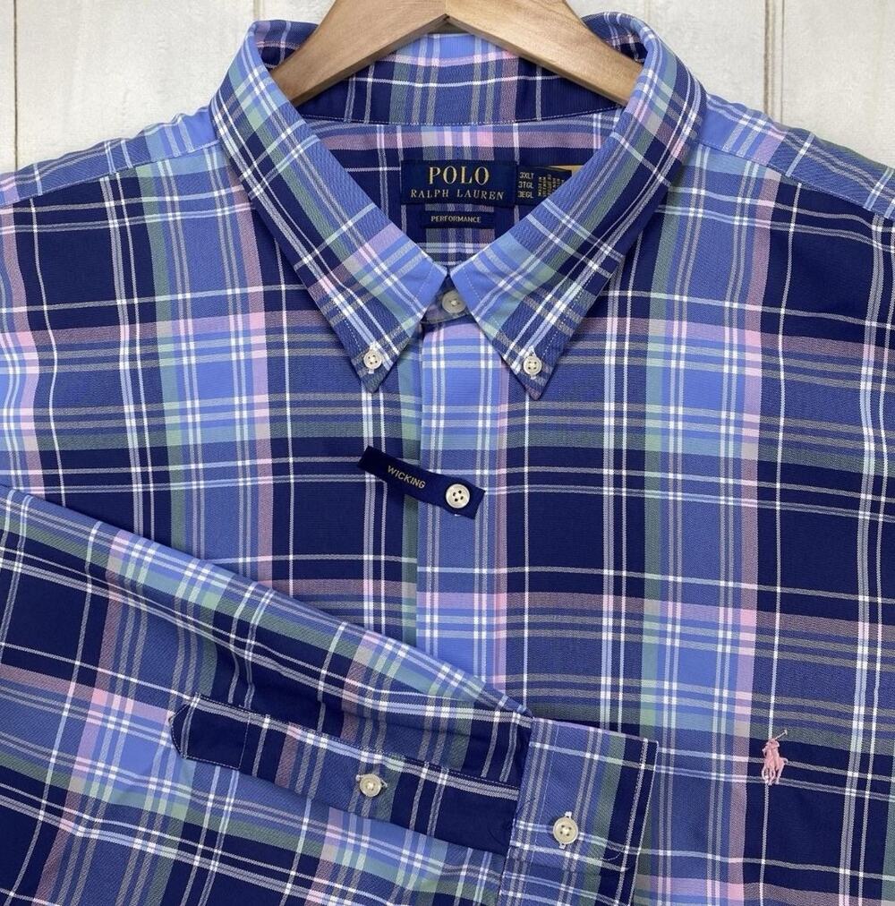 PRL Plaid Button Up Shirt 3XLT Mens Blue Pink Performance Polo Ralph Lauren